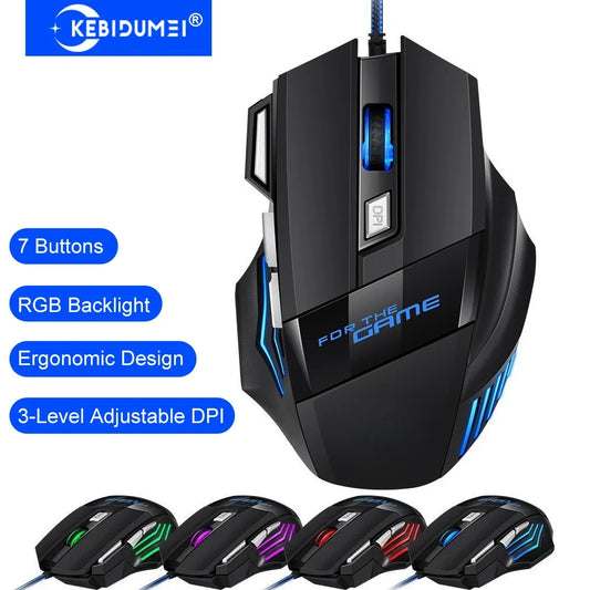 KEBIDUMEI žičani gaming miš sa 7 tipki, RGB pozadinskim osvjetljenjem, ergonomski USB miš, 2400 DPI, 3 razine DPI-ja za PC, prijenosno računalo, Windows i Mac OS