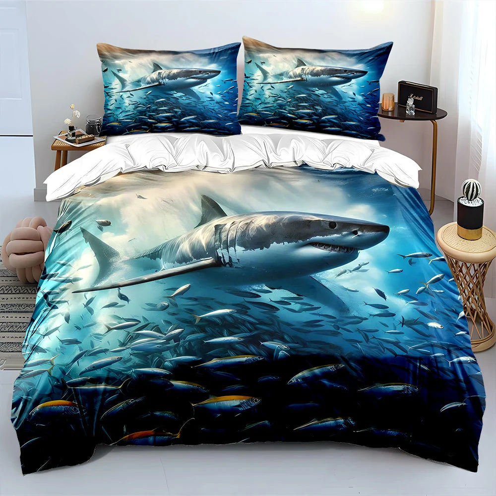 Shark Swimming Through Fish Swarm Print Soft Comfortable Duvet Cover Bedding Set Includes 1*Duvet Cover 2*Pillowcases