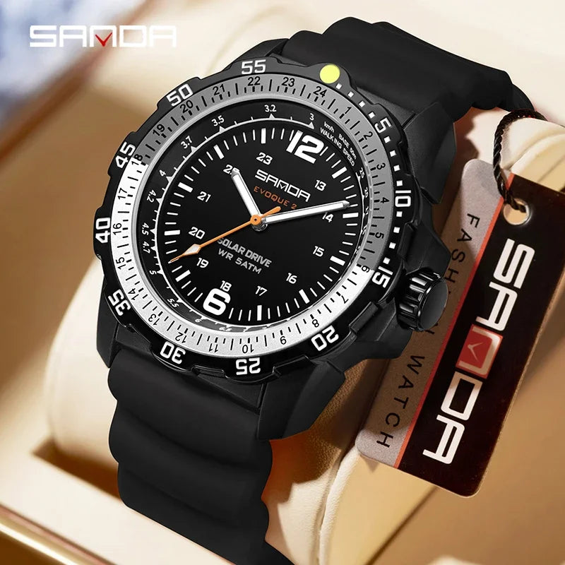 SANDA Luxury Men's Solar-powered Watch Creative Quartz Dial Luminous Hands Waterproof Sport Student Wristwatch Innovative Design