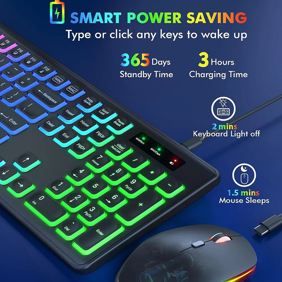 Combo tastiera e mouse wireless con retroilluminazione RGB, lettere illuminate ricaricabili, formato full-size, ergonomico, modalità sleep, 2.4GHz