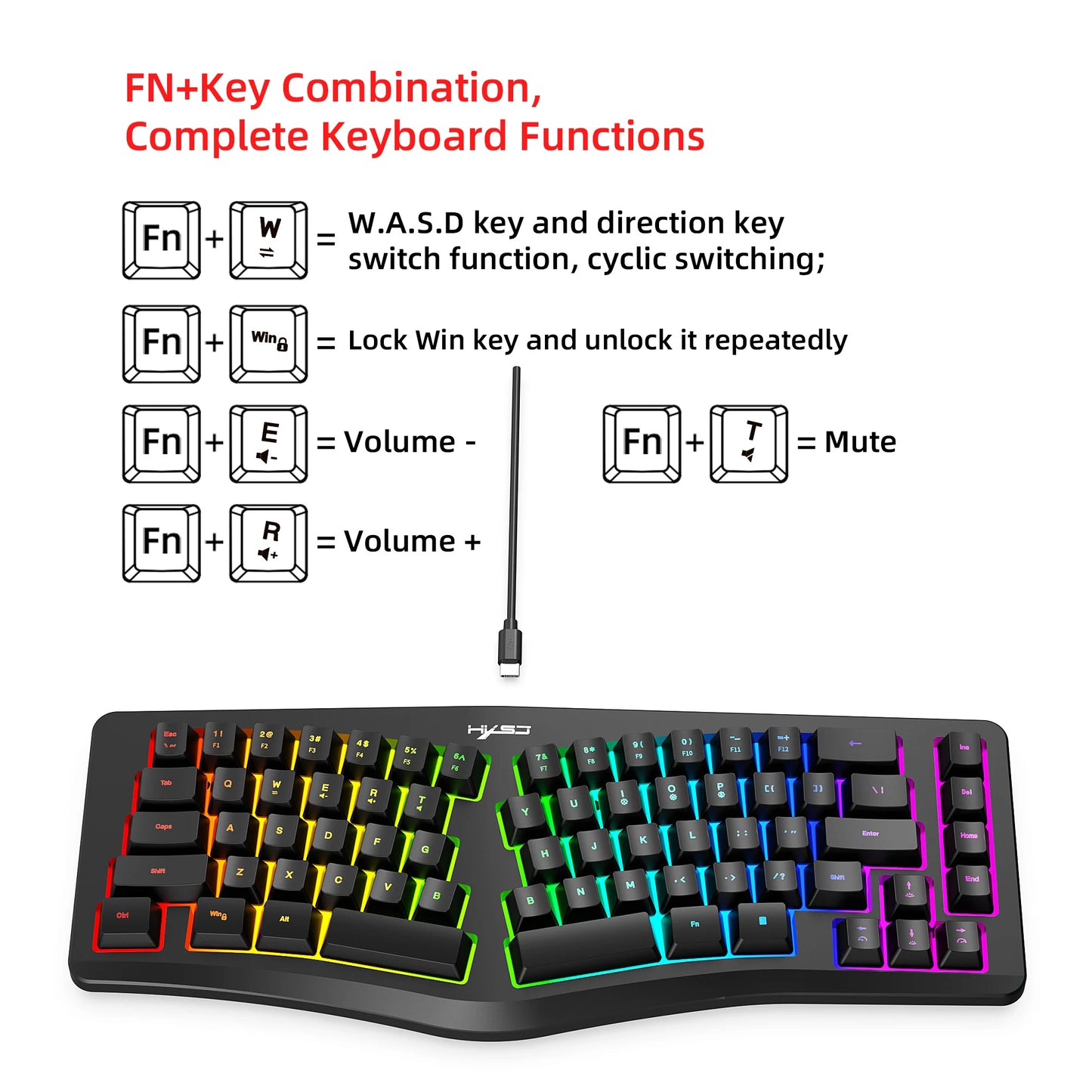 69 Key Wired Ergonomic Gaming Keyboard Keyboard Silent Irregular RGB Backlit Keyboard for Windows Linux Home Office Game PC