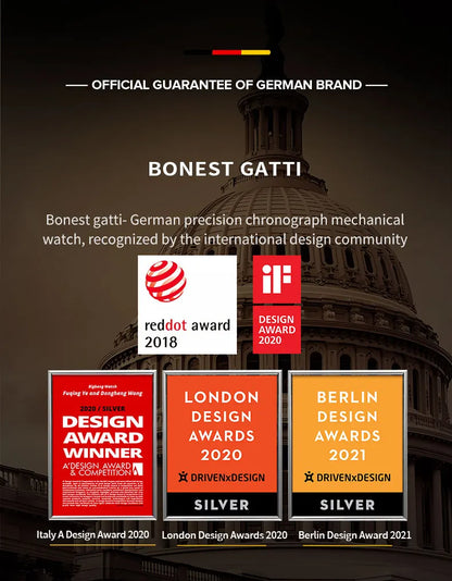 BONEST GATTI 2026 New Men's Automatic Watch 316L Stainless Steel Luminous Date Week Month 24H Display Business Mechanical Watch
