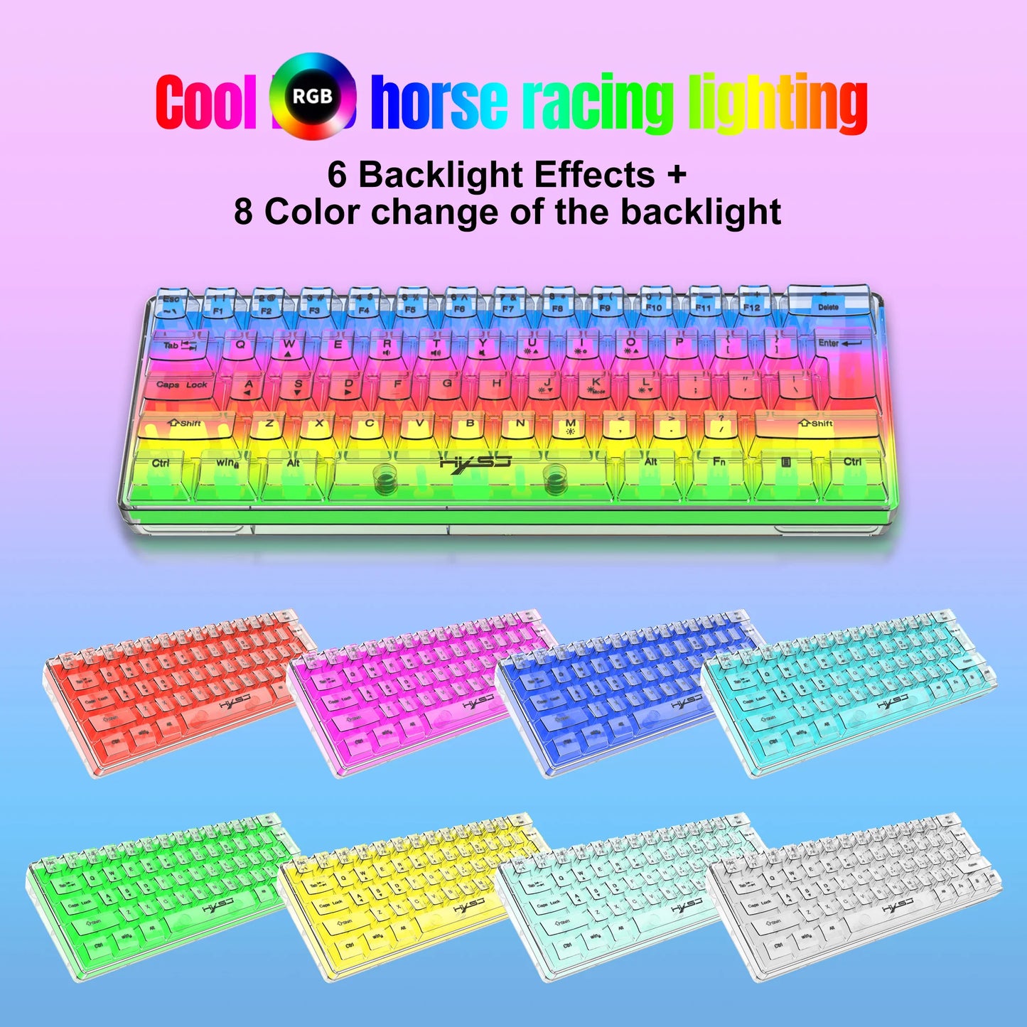 HXSJ 60% kabelgebundene transparente Gaming-Tastatur, RGB-beleuchtet, ultrakompakte wasserdichte kleine Kompakttastatur mit 61 Tasten für PC/Mac