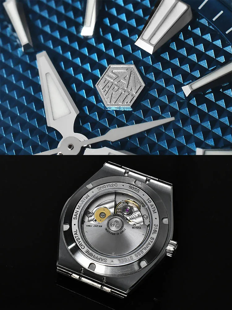 San Martin 39mm Luxury Men Sports Watch Waffle Dial Integrated Bracelet Miyota 90S5 Automatic Mechanical Clear Caseback SN0152