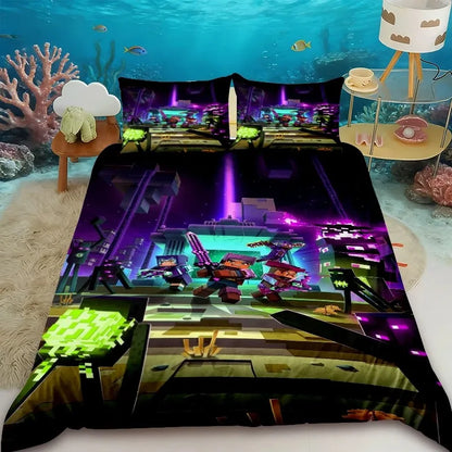 Funda nórdica infantil de dibujos animados Minecraft, juego de ropa de cama con funda de edredón, tamaños Queen, King y Full, con 1/2 fundas de almohada para dormitorio