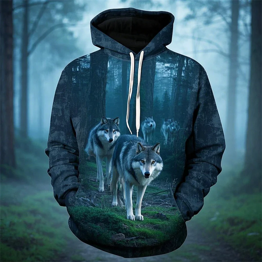 Sweat com Capuz Vintage para Homem com Lobo Estampado em 3D, Top com Gráficos de Animais, Manga Comprida, 2025, Oversized Streetwear Unissexo