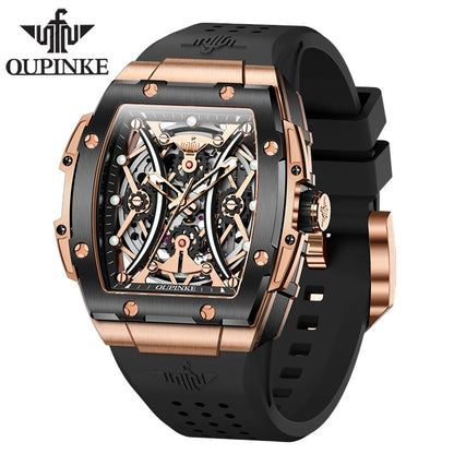 OUPINKE Men's Watches Classic Luxury Tonneau Dial Top Brand Original Automatic Mechanical Wristwatch Silicone Strap Sapphire New