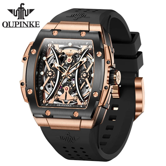 OUPINKE Herrenuhr – klassische Luxus-Armbanduhr mit Tonneau-Zifferblatt, Original-Topmarke, automatische mechanische Uhr, Silikonarmband, Saphirglas, neu