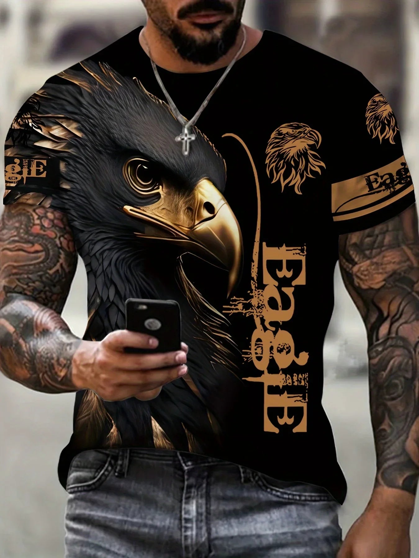 Modna muška majica s 3D printom orla, crno-zlatna majica s grafikom orla, prozračan okrugli izrez, streetwear majica kratkih rukava za muškarce