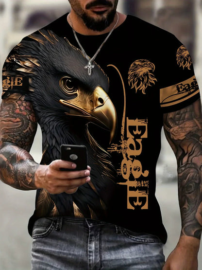Modna muška majica s 3D printom orla, crno-zlatna majica s grafikom orla, prozračan okrugli izrez, streetwear majica kratkih rukava za muškarce