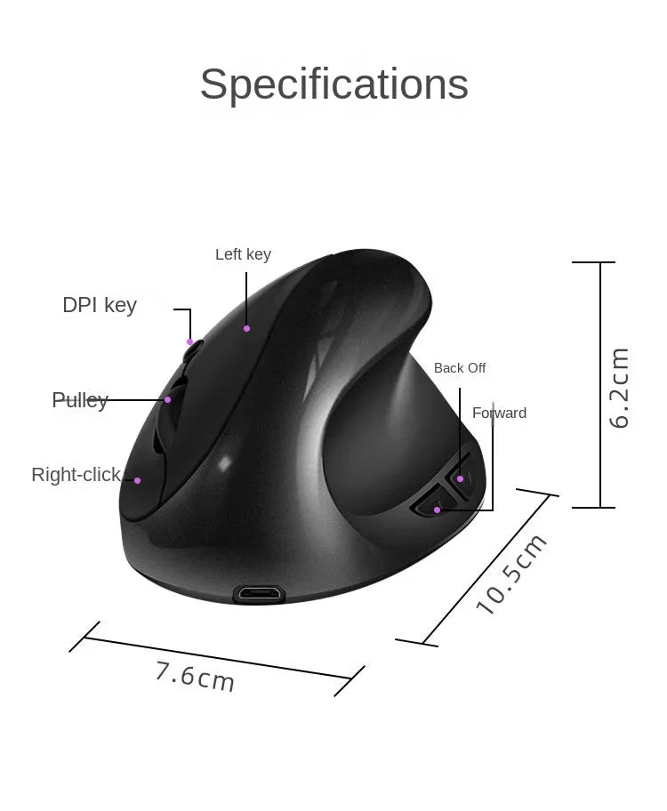 BTS-908 Mouse verticale ricaricabile di tendenza, mouse wireless ergonomico con ricevitore USB 2.4G, DPI regolabile fino a 1600 e 6 pulsanti