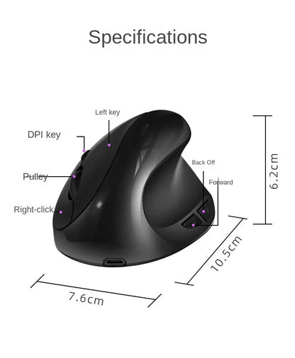 BTS-908 Mouse verticale ricaricabile di tendenza, mouse wireless ergonomico con ricevitore USB 2.4G, DPI regolabile fino a 1600 e 6 pulsanti