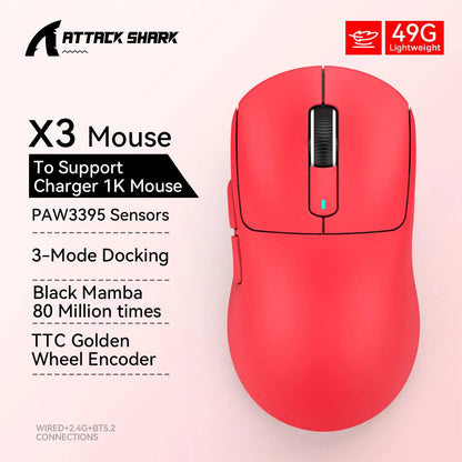 X3 vezeték nélküli gamer egér ATTACK SHARK, piros, 4K válaszidő, Bluetooth hárommódú kapcsolat, PAW3395, makrós Bluetooth gamer egér