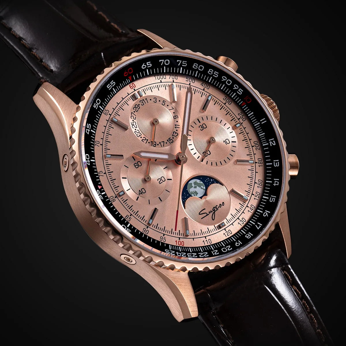 Sugess Chronograph Watch of Man ST1908 Swanneck Movement Mechanical Moonphase Wristwatches Waterproof Calendar Vintage New S468