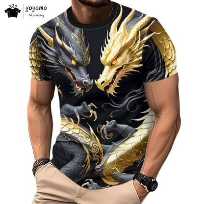 T-shirts för herr med drakmönster, kortärmad T-shirt, trendig streetwear-topp med O-ringning, djurmönster i 3D-tryck, lös och mångsidig herrklädsel