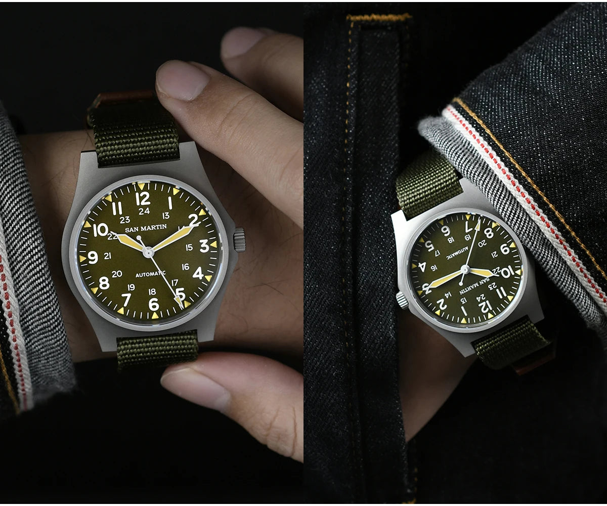 San Martin Pilot Watch 38mm NH35 Retro Military Automatic Mechanical Wristwatch Bead Blasted Case Waterproof 100m SN0137