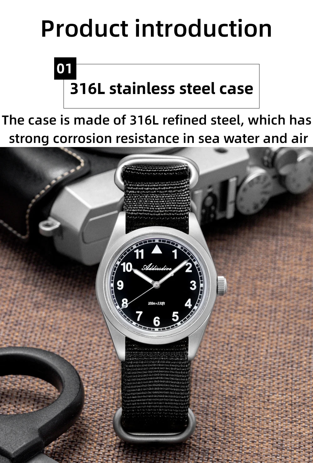 ADDIESDIVE Luxury Quartz Watch For Men New 36mm AR Coated Bubble Glass AD2079 Luminous 100m Waterproof Stainless Steel Men Gift