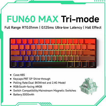Teclado mecánico MONSGEEK FUN60 PRO&MAX HE con interruptores magnéticos, teclado gaming inalámbrico 60%, Rapid Trigger 8K ARGB personalizable