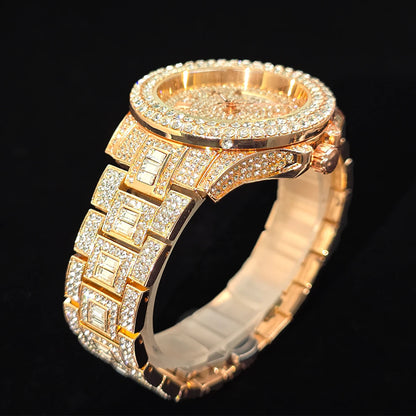 Men's Gold Quartz Watches Calendar Week Display Diamond Watch For Man Dropshipping