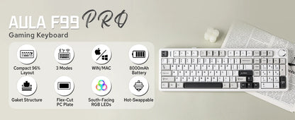 Aula F99 PRO 96% Mechanical Gaming Keyboard BT5.0/USB-C/2.4G Wireless Hot Swappable Gasket Custom Keyboard With 8000mAH Battery