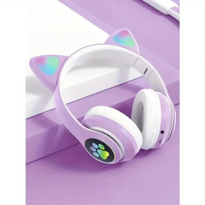 Cute Cat Ears Wireless Bluetooth Headphones with Mic LED Lights, Kids Stereo Music Headset, Cat Ear Wireless Headphones with Noise Cancelling, Gaming & Gift Headphones