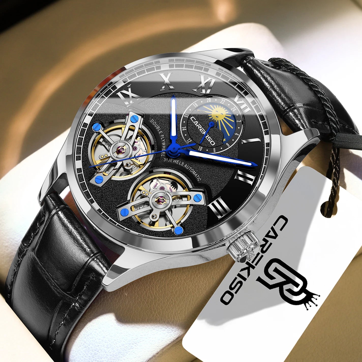 CAREKISO Fashion Men Clock Double Hollow Tourbillon Automatic Mechanical Man Watch Waterproof Luminous Leather Men's Watches+Box