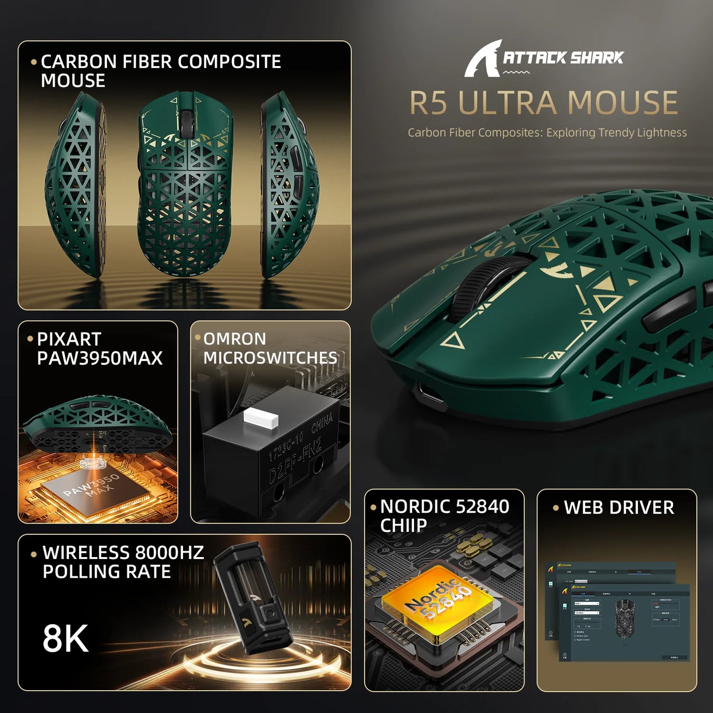 ATTACK SHARK R5 Ultra anglies pluošto belaidė žaidimų pelė, PixArt PAW3950MAX žaidimų jutiklis, 42000DPI, 8000Hz, MCU Nordic 52840