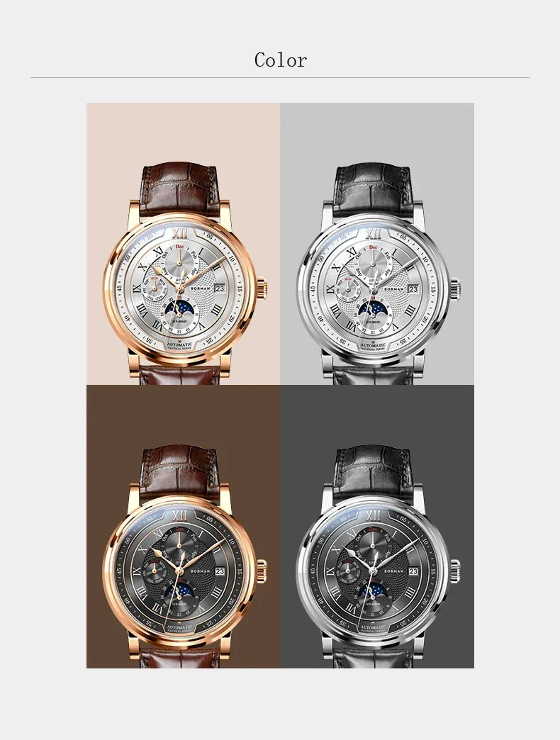BORMAN BM3868 New 40mm Luxury Men Automatic Mechanical Men's Watches Sapphire Multi-function Waterproof Moon Phase Clocks