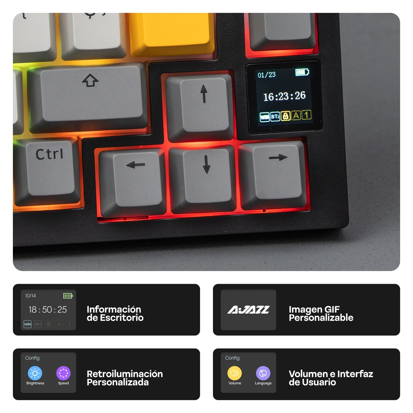 ISO-ES-Layout EPOMAKER X AJAZZ AK820 PRO 75% Spanisches Layout Kabelgebundene/2.4GHz/BT mechanische Tastatur mit Display & Drehregler für PC/Mac