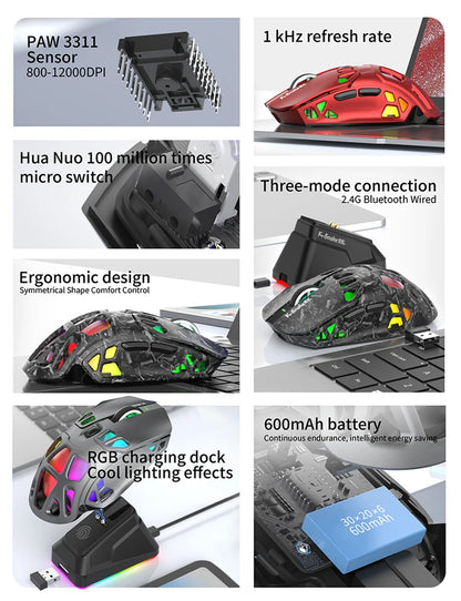 Ľahká herná myš Lenovo Tri-Mode s RGB nabíjacím dokom, 12000DPI, 2.4G/Bluetooth/káblové pripojenie, ergonomická myš pre PC a notebook