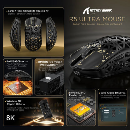ATTACK SHARK R5 ULTRA Wireless Gaming Mouse - 8K Polling, PAW3950MAX Sensor, 42,000 DPI, Carbon Fiber Ultra-Light for Pro Esport