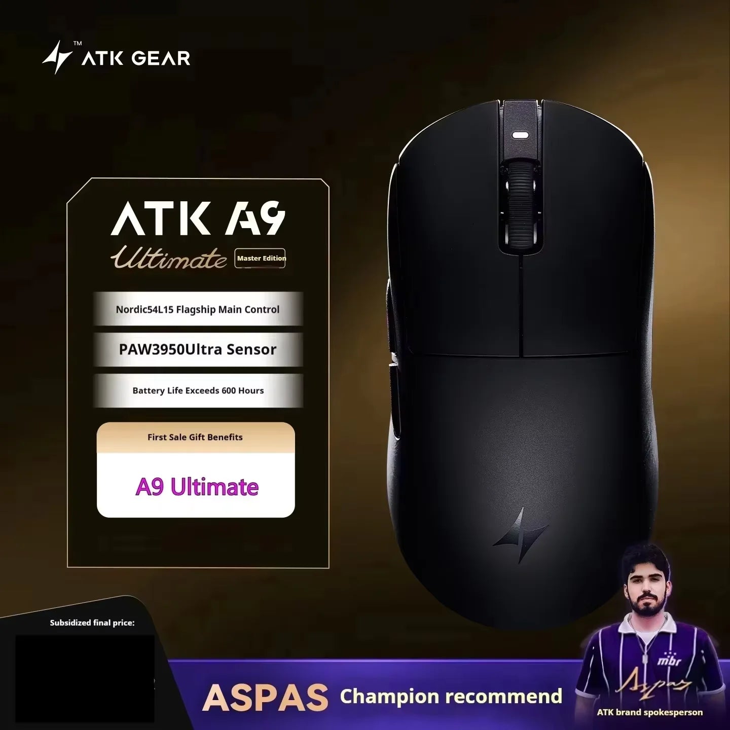 Mouse gaming wireless ATK A9 con tecnologia NearLink, ergonomico, PAW3395, tri-mode Bluetooth a bassa latenza, mouse esports per PC