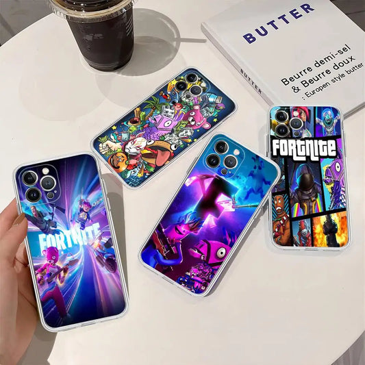 Capa de Telemóvel em TPU Macio Transparente Estilo Cartoon B-Battle-R-Royales-F-FortniteS para iPhone 17 16 15 14 13 12 11 Pro Max Plus