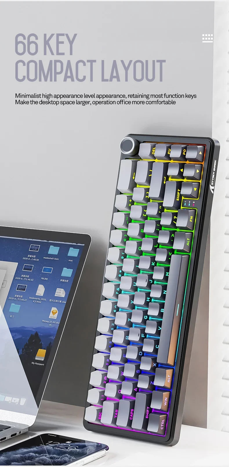 Attack Shark X66 Tastiera meccanica wireless 65% layout compatto, retroilluminazione RGB, gasket mount, hot swap, Bluetooth, USB-C, PBT, batteria ad alta capacità