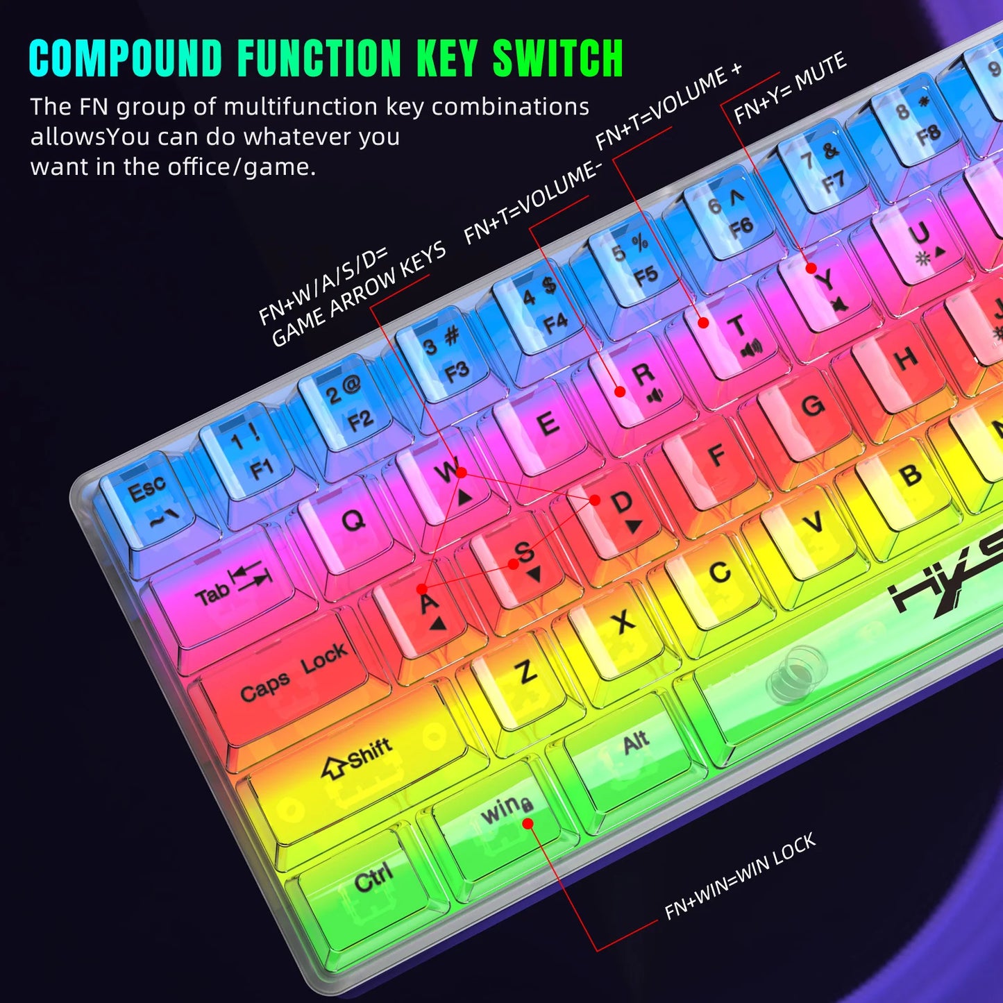 HXSJ 60% kabelgebundene transparente Gaming-Tastatur, RGB-beleuchtet, ultrakompakte wasserdichte kleine Kompakttastatur mit 61 Tasten für PC/Mac
