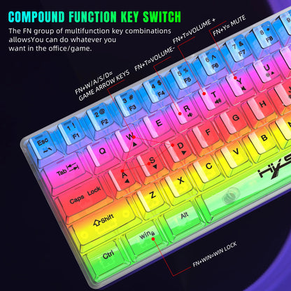 HXSJ 60% kabelgebundene transparente Gaming-Tastatur, RGB-beleuchtet, ultrakompakte wasserdichte kleine Kompakttastatur mit 61 Tasten für PC/Mac