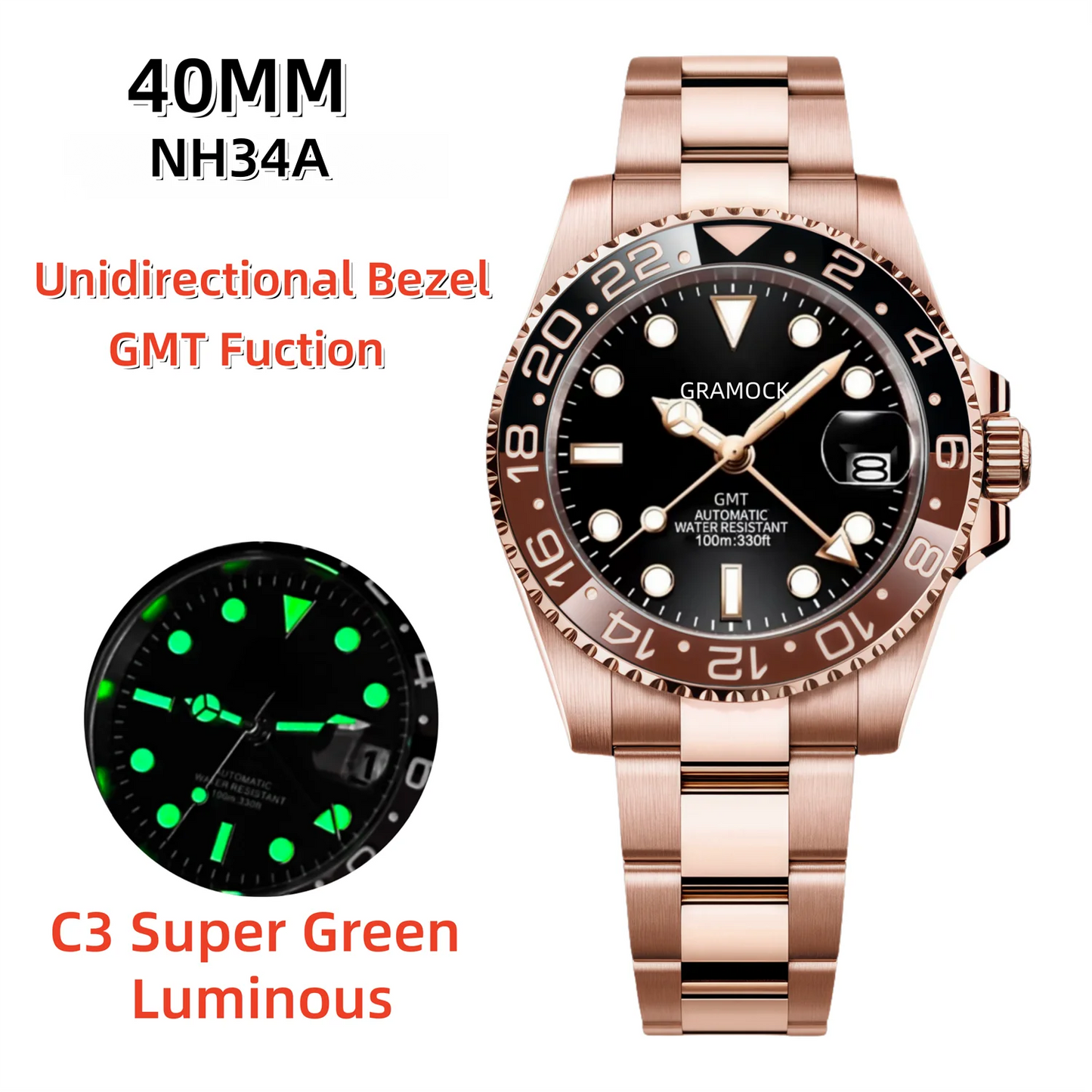 Gramock Rose Gold 40MM GMT NH34A Mechanical Watches Date Sapphire Crystal 100M Diving Rotating Bezel Men's Automatic Wristwatch