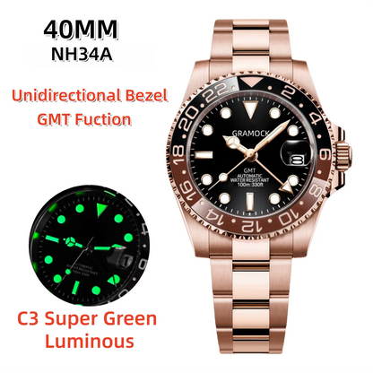 Gramock Rose Gold 40MM GMT NH34A Mechanical Watches Date Sapphire Crystal 100M Diving Rotating Bezel Men's Automatic Wristwatch