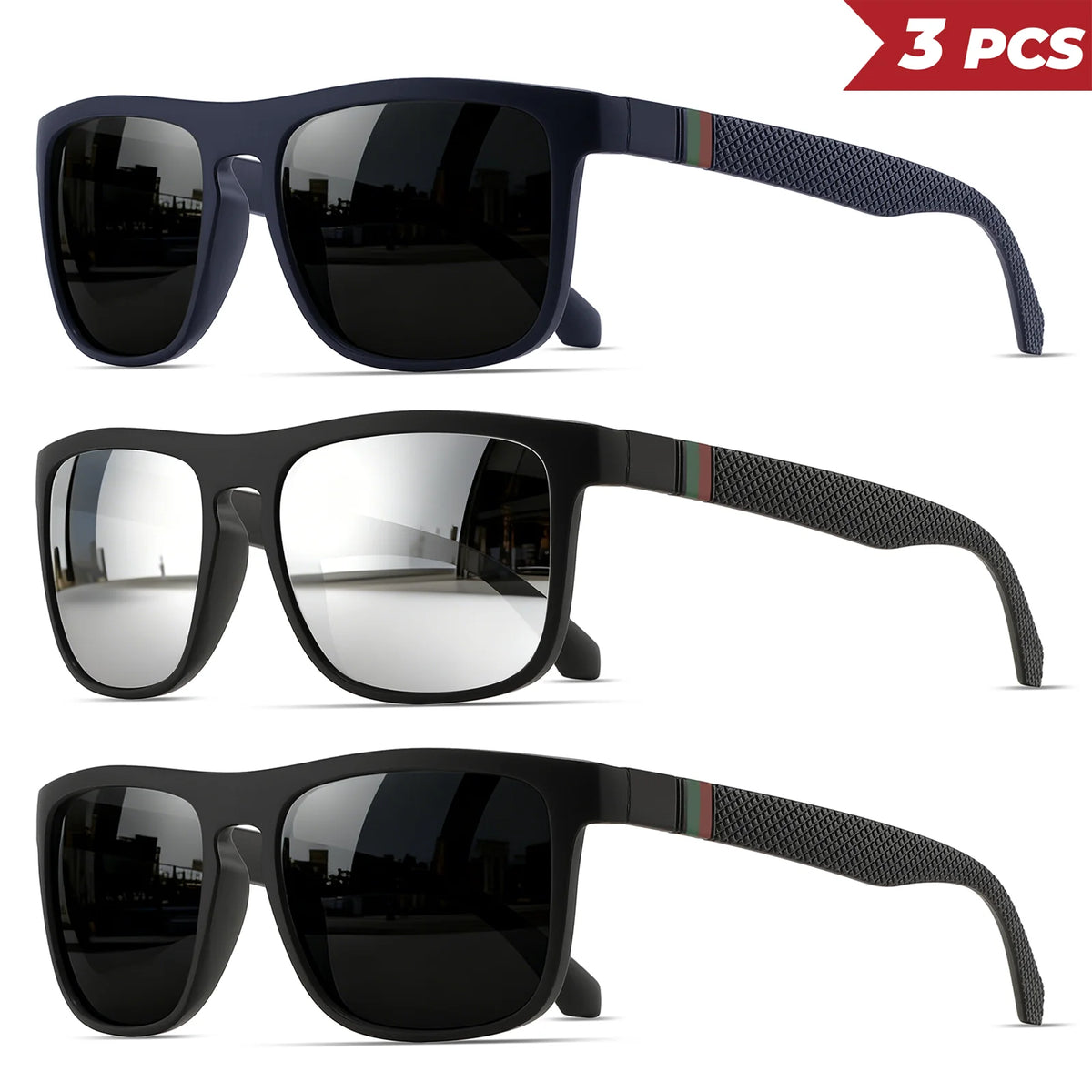 3 ks klasických retro polarizovaných čtvercových slunečních brýlí – červené/zelené pruhované stranice, UV400, unisex, pro každodenní nošení, outdoor, rybaření a řízení