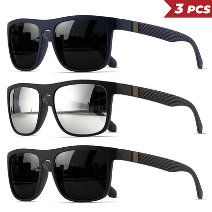 3 ks klasických retro polarizovaných čtvercových slunečních brýlí – červené/zelené pruhované stranice, UV400, unisex, pro každodenní nošení, outdoor, rybaření a řízení
