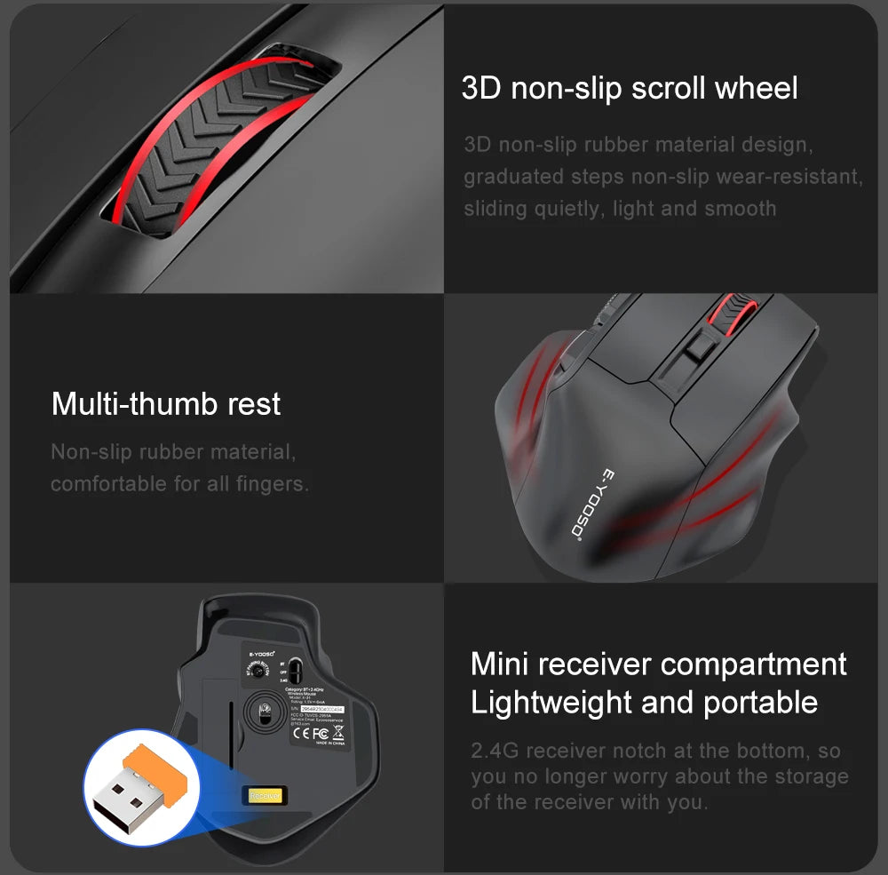 E-YOOSO X-31 Pro USB гейминг мишка с голяма опора, Bluetooth 2.4G безжична връзка, PAW3212, 4800 DPI, за геймъри, компютър, лаптоп и PC