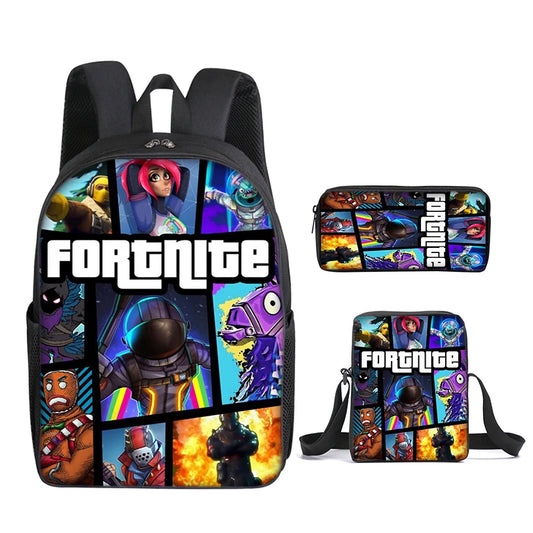3pcs/set Mochila Fortnite de grande capacidade para estudante, estilo anime e cartoon, estojo, lancheira kawaii, presentes de aniversário