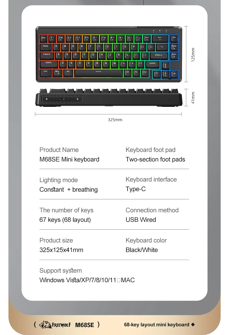 FREEWOLF M68SE Teclado con tacto mecánico de 68 teclas, mini teclado compacto con cable y silencioso para portátiles, gaming y uso de oficina