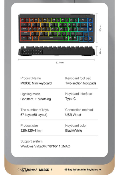 FREEWOLF M68SE Teclado con tacto mecánico de 68 teclas, mini teclado compacto con cable y silencioso para portátiles, gaming y uso de oficina