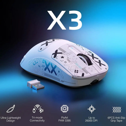 ATTACK SHARK X3 lagani bežični gaming miš, 49g, tri načina povezivanja, PAW3395 senzor od 26K DPI, trajanje baterije 200h, 5 programabilnih tipki