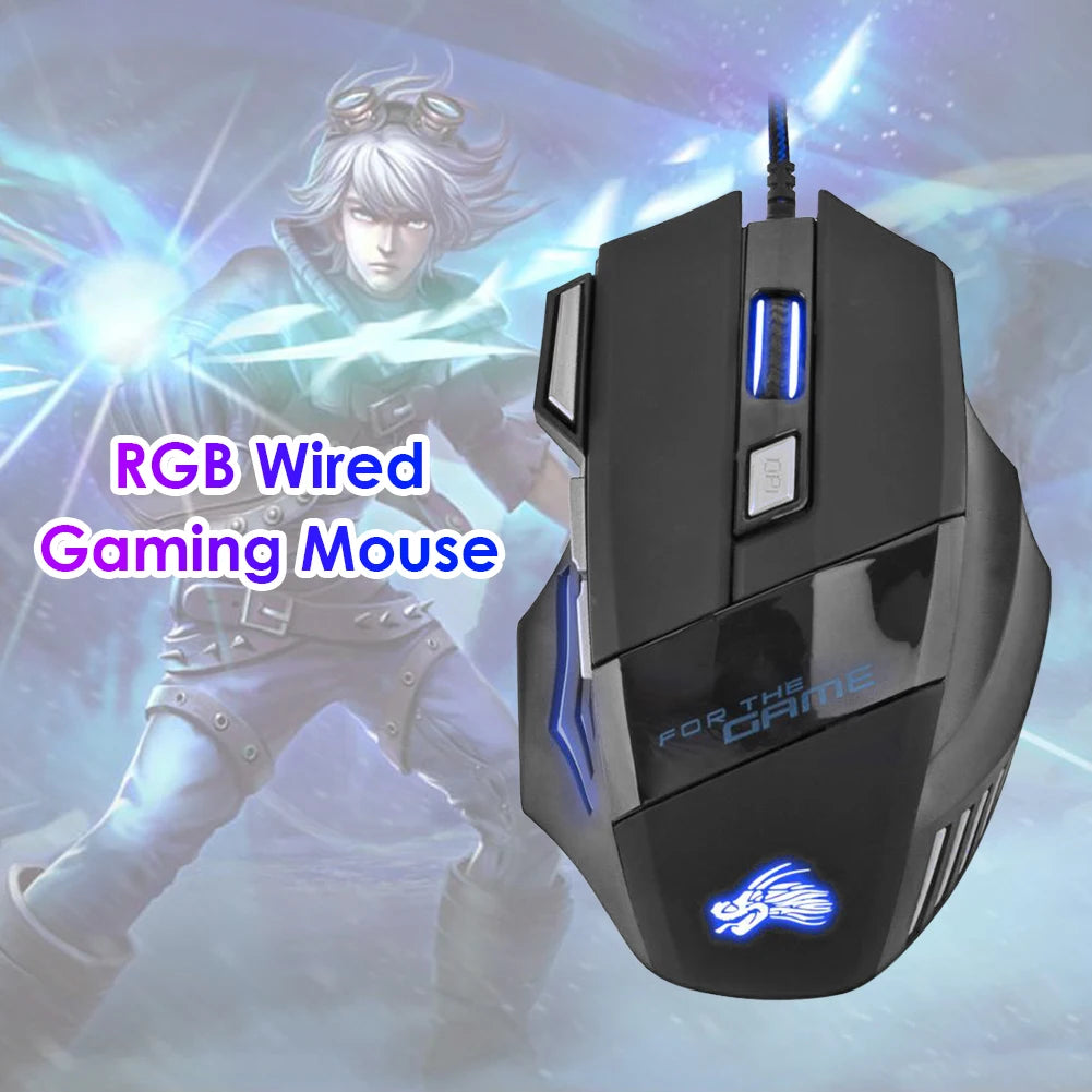 Rato Gaming com Fio, Retroiluminação de 7 Cores, 5500 DPI Ajustáveis, Preto, Rato Ótico com Fio para PC Gamer e Computador de Secretária