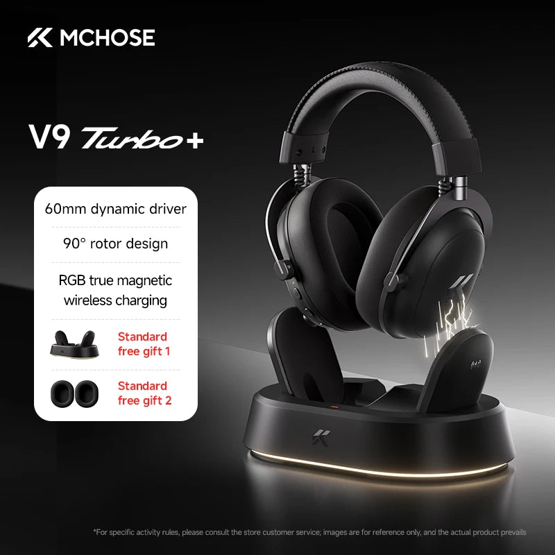 Auriculares gaming inalámbricos MCHOSE V9 Turbo con sonido envolvente 7.1, RGB, auriculares esports con drivers de 60mm, micrófono con cancelación de ruido y base de carga
