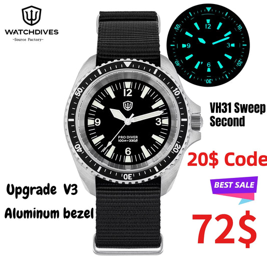 Watchdives WD1980 V3 Luxusuhr mit VH31 Sweep-Seconds-Quarzwerk, AR-Beschichtung, Saphirglas, 10Bar wasserdicht – Herrenuhr