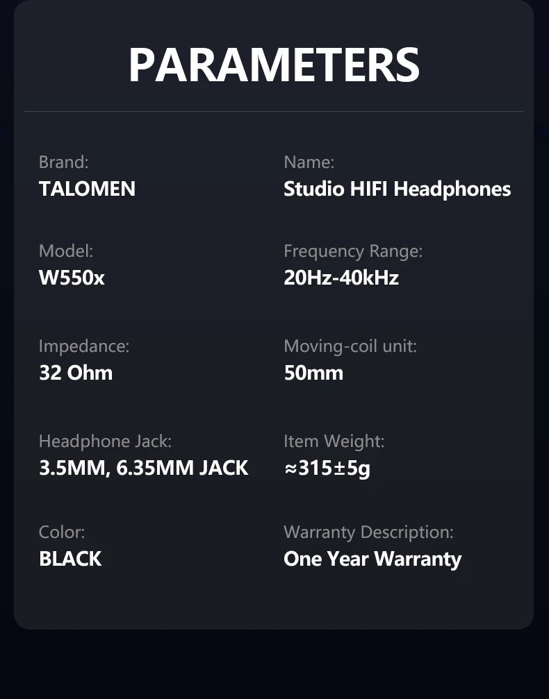 Cuffie da studio TALOMEN W550x – Cuffie monitor DJ professionali cablate over-ear con driver da 50mm e cavo rimovibile