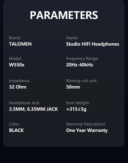 Cuffie da studio TALOMEN W550x – Cuffie monitor DJ professionali cablate over-ear con driver da 50mm e cavo rimovibile